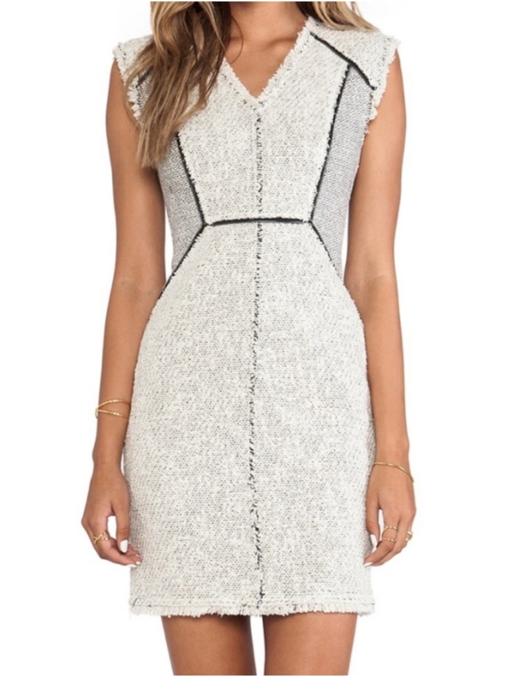 Rebecca Taylor Fringe-Trim Tweed Zip Sheath Dress Paneled Cap Sleeve Size 8